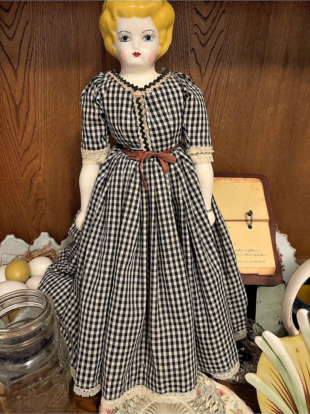 Vintage Gingham Doll Decor, Black & White